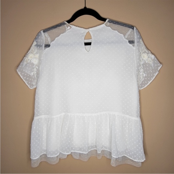 ZARA Short Sleeve Swiss Dot Sheer Tulle Blouse with Embroidered Flowers Medium - Picture 5 of 8